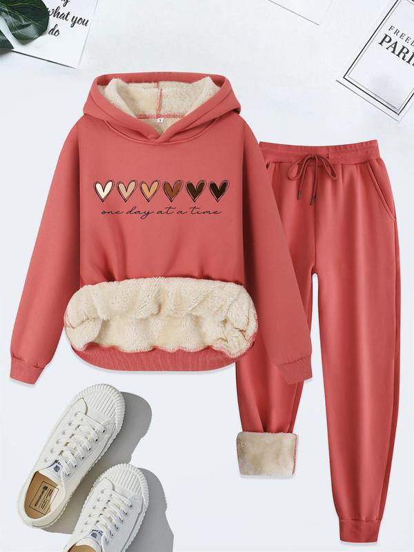 Women's Heart & Letter Print Hoodie & Drawstring Waist Pants Thermal Lined Two-piece Set, Casual Long Sleeve Hooded Sweatshirt & Pocket Trousers for Fall & Winter, Ladies Clothes for Daily Wear