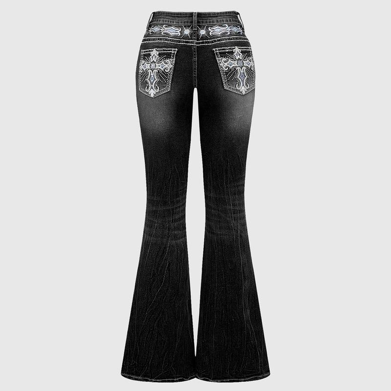 ROMWE Grunge Punk Y2K Vintage Flare Jeans For Women, Pocket Cross Wing Embroidery Slim Fit Bell Bottom Denim Pants