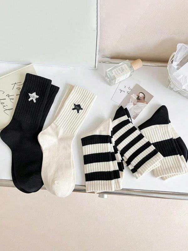 Women's 5 Pairs Colorblock Stripped & Star Print Crew Socks, Casual Moisture Wicking Socks, Soft Comfy Breathable Socks for All Seasons Daily Wear