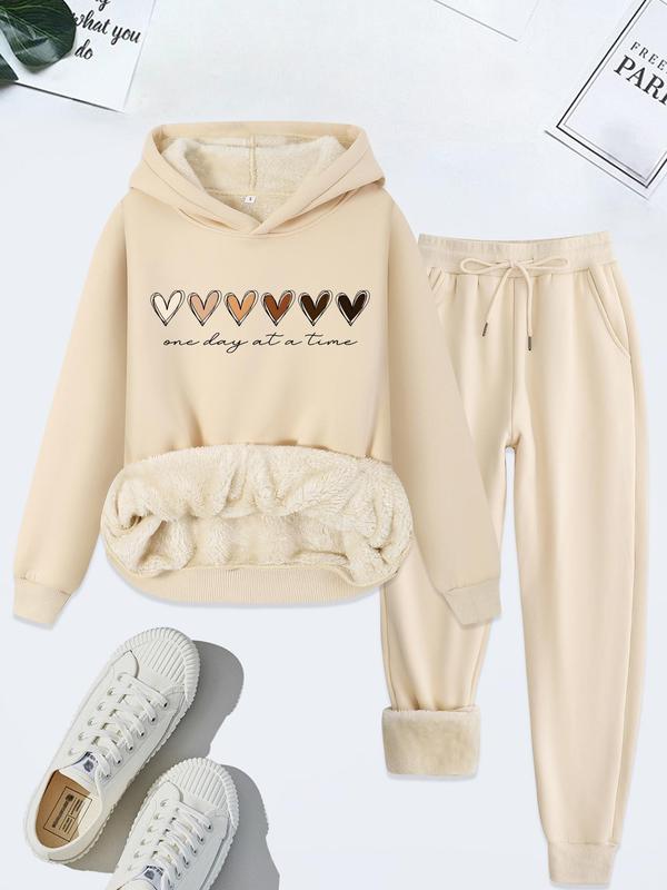 Women's Heart & Letter Print Hoodie & Drawstring Waist Pants Thermal Lined Two-piece Set, Casual Long Sleeve Hooded Sweatshirt & Pocket Trousers for Fall & Winter, Ladies Clothes for Daily Wear