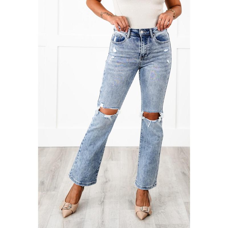 Risen Dressed to Impress High Rise Medium Wash Distressed Knee Ankle Flare Jeans