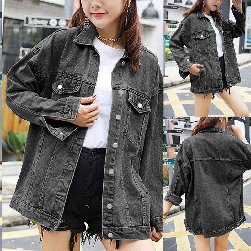 SCUSTY Womens Loose Oversized Denim Jacket Long Sleeved Button Jean Jacket Coat Tops