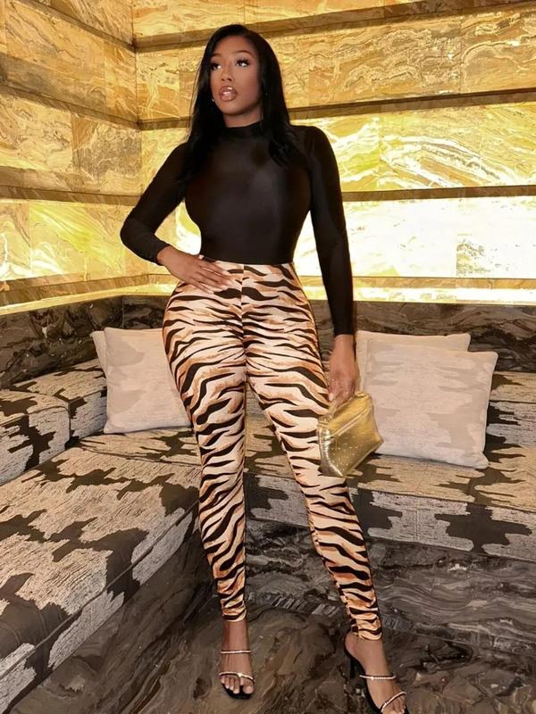 Women's Tiger Print Elastic Waist Leggings, Casual Comfy High Waist Skinny Pants for Daily Wear, Ladies Bottoms for All Seasons