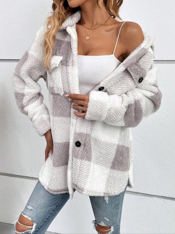 Women's Plaid Print Button Front Fleece Jacket, Casual Long Sleeve Outerwear for Fall & Winter, Ladies Clothes for Daily Wear