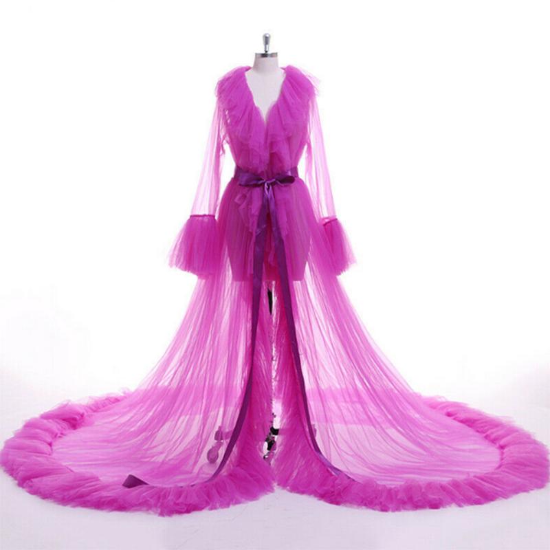 Women Kimono Dress Sheer Tulle V-Neck Long Flare Sleeves Floor-Length Night-Robe Lingerie ball  gown pj day