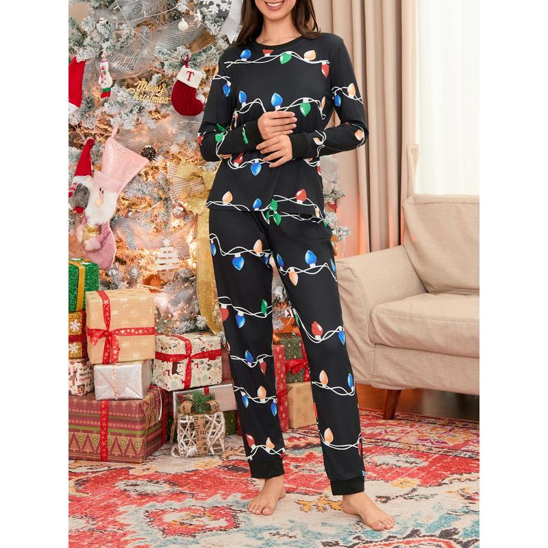 Black Christmas Pajamas For Family Family Matching Christmas Pajama Set String Light Print Long Sleeve Tops Elastic Waist Long Pants