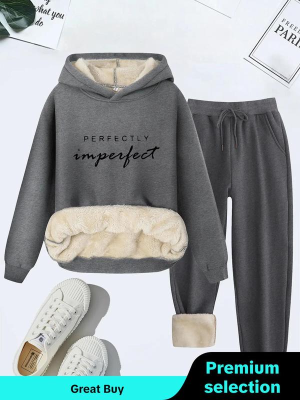 Women's Letter Print Thermal Lined Hoodie & Drawstring Waist Sweatpants Two-piece Set, Casual Long Sleeve Hooded Sweatshirt & Pocket Pants, Women's Fall & Winter Clothes