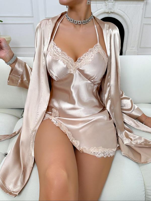 Two Counts Women's Contrast Lace Criss Cross Split Thigh Cami Satin Nightdress & Belted Robe Pyjama Set, Back-to-school Clothing, Solid Tie Back Nighty Dress & Robe Pj Set, Women's Pajamas for All Seasons,  Birthday Dresses 2024