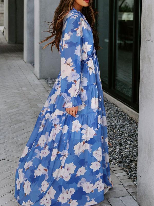 Women's Floral Print Frill Ruffle Hem Flounce Sleeve Chiffon Vintage Dress, Deep V Neck Long Sleeve A Line Maxi Dress, Women's Clothing for Holiday Vacation, Dresses for Women, Summer Clothes, Back To School Party, Birthday Dress, Women's Fall Clothing