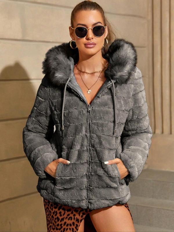 Women's Solid Color Contrast Faux Fur Reversible Hooded Jacket, Casual Warm Long Sleeve Drawstring Quilted Coat for Fall & Winter, Women's Clothing for Daily Wear