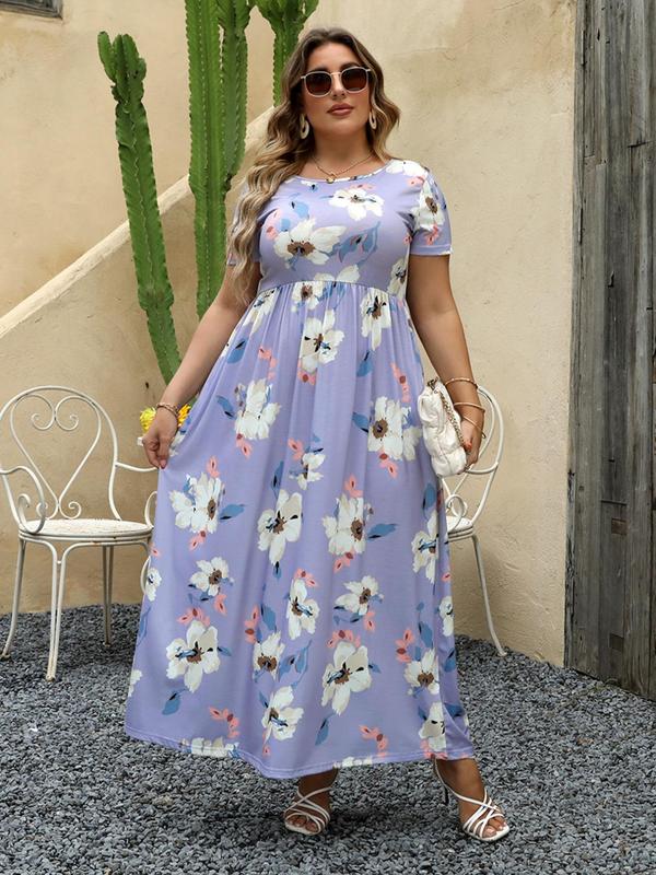  Floral Print Short Sleeve A-line Dress with Pockets, Dresses for Women, Summer Clothes Women, Boho Vintage Summer Maxi Tee Dresses for Holiday, Women's Clothes