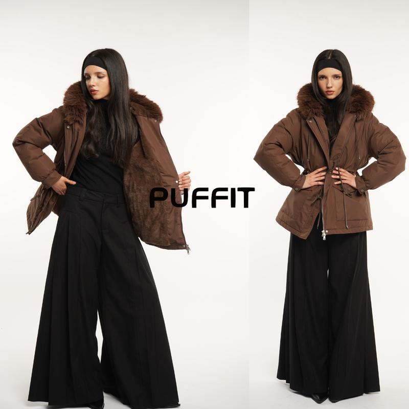 PUFFIT Faux Fur Mid-Length Hooded Drawstring Parka, Winter Warm Thickened Ladies Puffer Jackets, Fleece Lined Winter Coat for Women Go.G.G