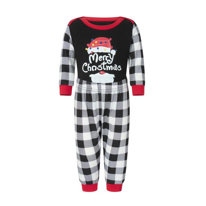 Family Matching Christmas Pajamas, Letter &Santa Hat Print Long-Sleeved Round Neck Tops + Plaid Pattern Trousers Sleepwear