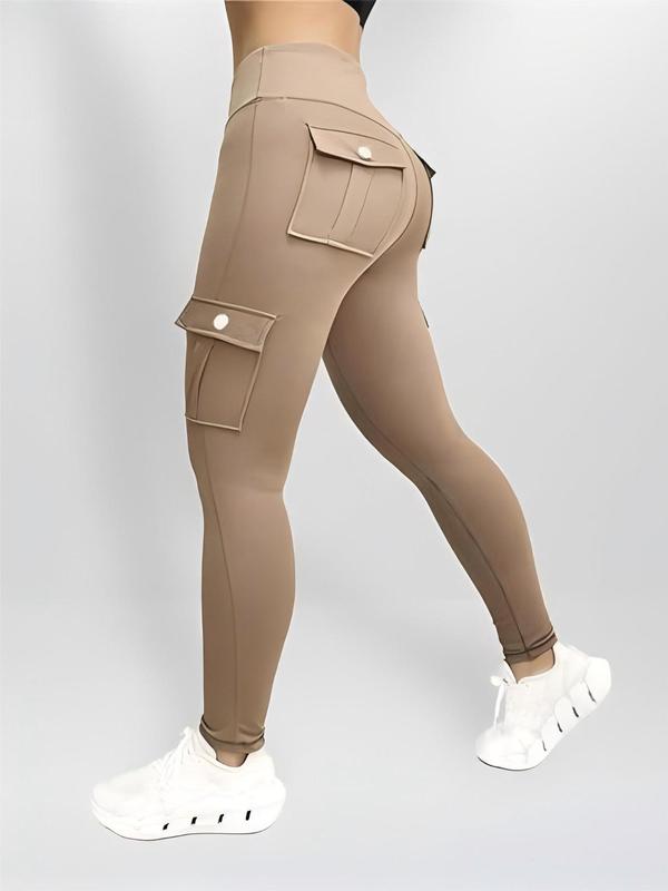  Solid High Waist Pocket Cargo Leggings, Casual Comfy Skinny Cargo Pants for Women, Women's Bottoms for Fall & Winter