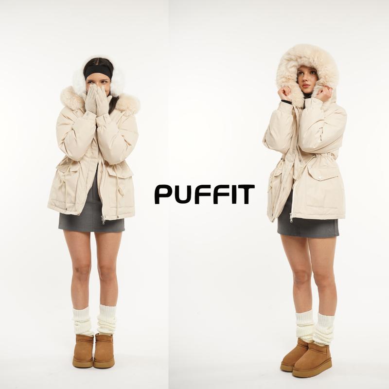 PUFFIT Faux Fur Mid-Length Hooded Drawstring Parka, Winter Warm Thickened Ladies Puffer Jackets, Fleece Lined Winter Coat for Women Go.G.G