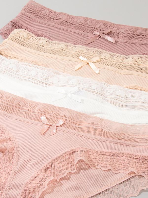 Women's Bow Decor Contrast Lace Knicker, Soft Comfy Breathable Scallop Panty for Daily Wear, Underwear for All Seasons