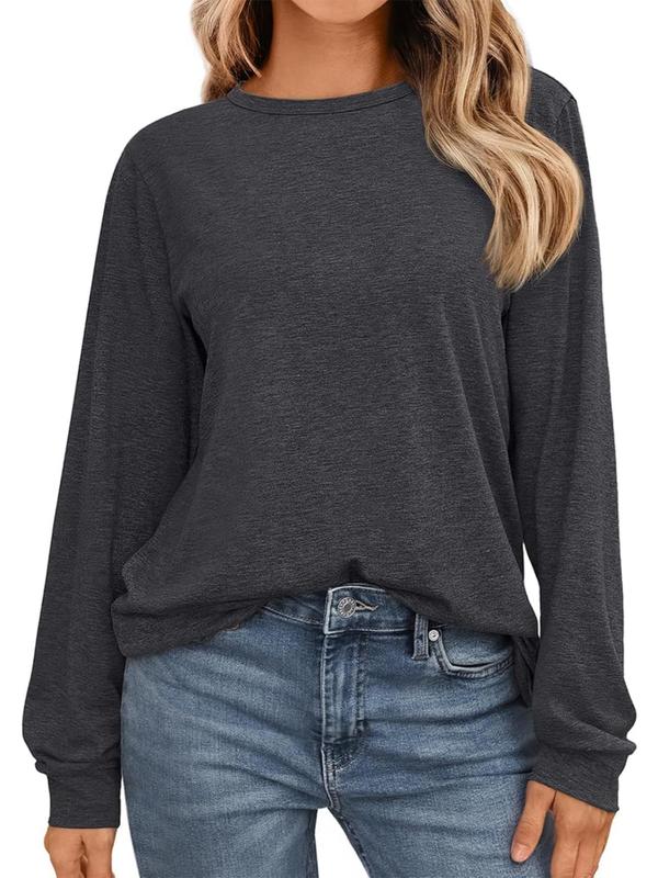 Women's Plain Round Neck Long Sleeve Tee, Casual Solid Color Crew Neck T-Shirt for Daily Wear, Ladies Clothes for All Seasons