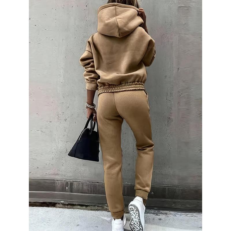 Cozy Solid Color Sweatpants Set - Pantsuits for Women - Long Sleeve Hoodie Sweatshirt, Drawstring Jogger Pants Outfits, Comfortable Casual Wear for Everyday, Soft Fleece Lining, Relaxed Fit, and Easy Care