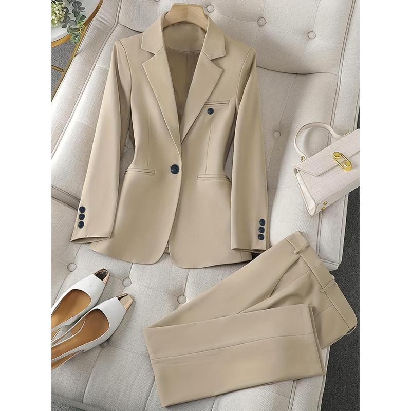 suit set - Elegant Suit Set - Plain Color, Single Breasted, Long Sleeve Blazer & Straight Leg Pants - Office Wear, Business Meetings, Formal Events - Women -  Chic and Professional Look - Effortless Chic, Unstoppable You!