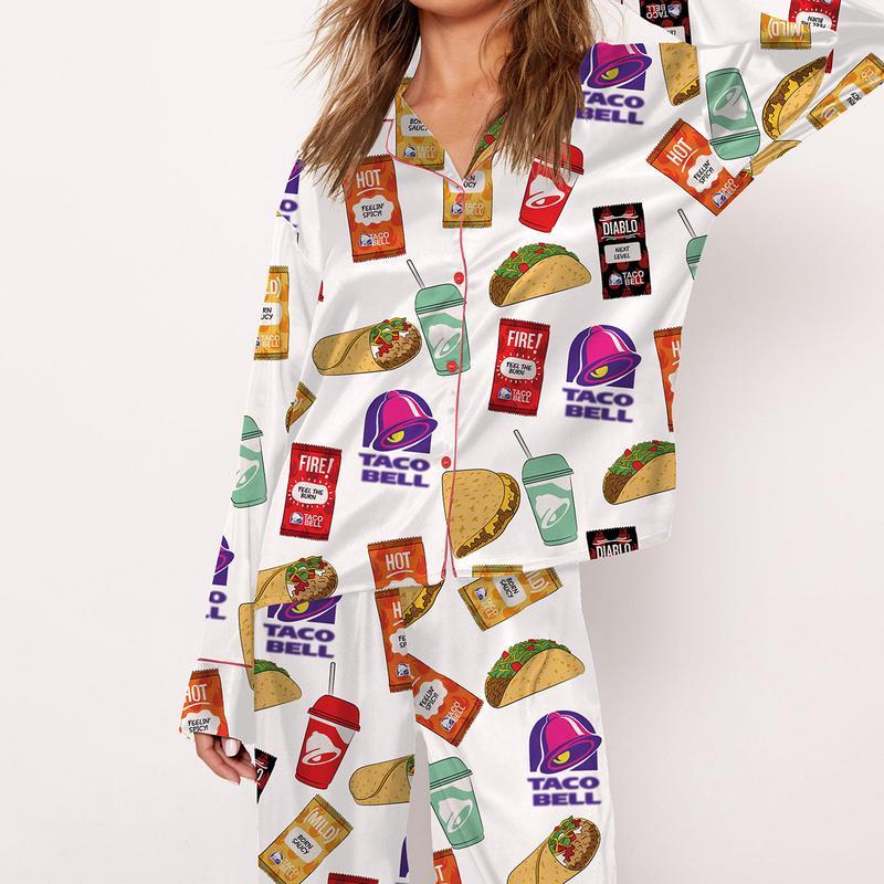 Taco Bell Pajama Set For Women Print Comfy Satin Sleepwear & Loungewear Pjs Short Sleeve Top & Bottoms Shorts Without Pockets SHESHOW -