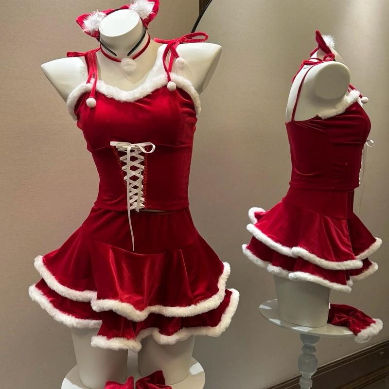 Christmas Kitty Santa Costume Set - Red Velvet Mini Dress with Cat Ear Headband and Hooded Cape - Womenswear Santa Bustier