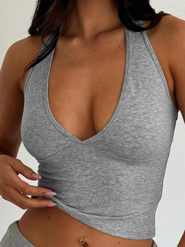 Women's Solid Backless Halter Top, Casual Deep V Neck Sleeveless Crop Tank Top for Daily Wear, Ladies Clothes for Fall, Fall Outfits, Fallfreshness,  90s Clothes