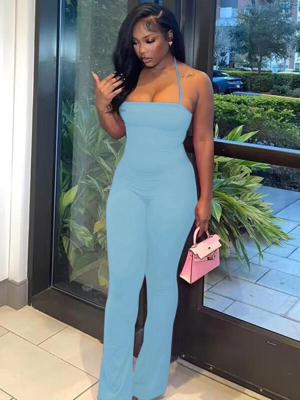 Women's Solid Color Backless Cami Flare Leg Jumpsuit, Casual Halter Neck Sleeveless Bell Bottom Jumpsuit for Summer, Lady's Basic One-Piece Outfit, Womenswear