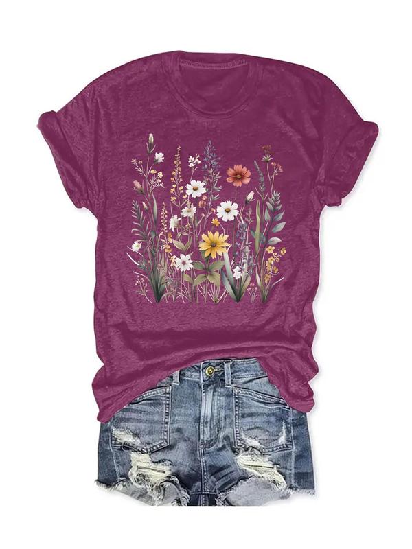 Women's Floral Print Round Neck Tee, Vintage Trendy Casual Fitted Short Sleeve T-shirt for Daily Wear Back To School, Graphic Tees, T Shirts for Women, Ladies Fall Outfit