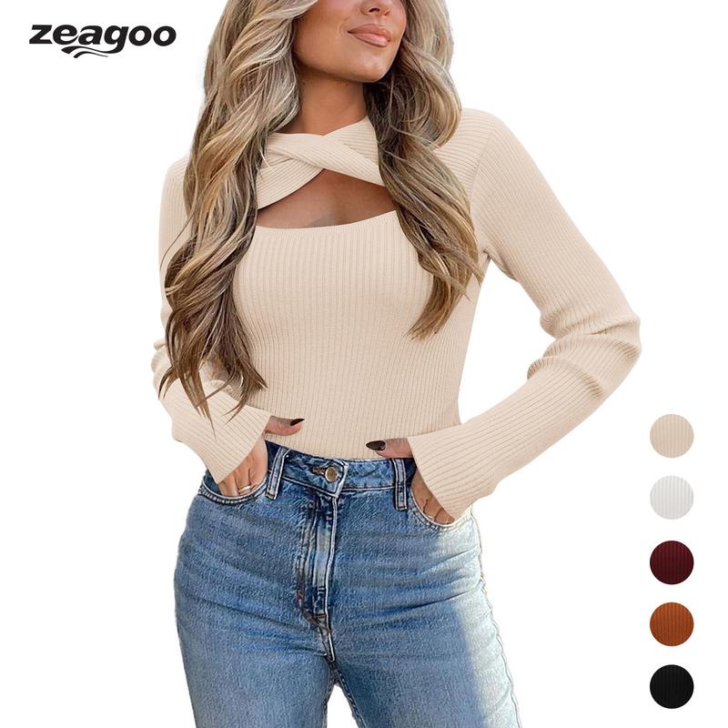 ZEAGOO Women's Pullover Sweaters Long Sleeve Cutout Knit Lightweight Crew Neck Fall Tops S-XXL Casual Womenswear