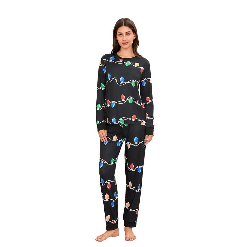 Black Christmas Pajamas For Family Family Matching Christmas Pajama Set String Light Print Long Sleeve Tops Elastic Waist Long Pants