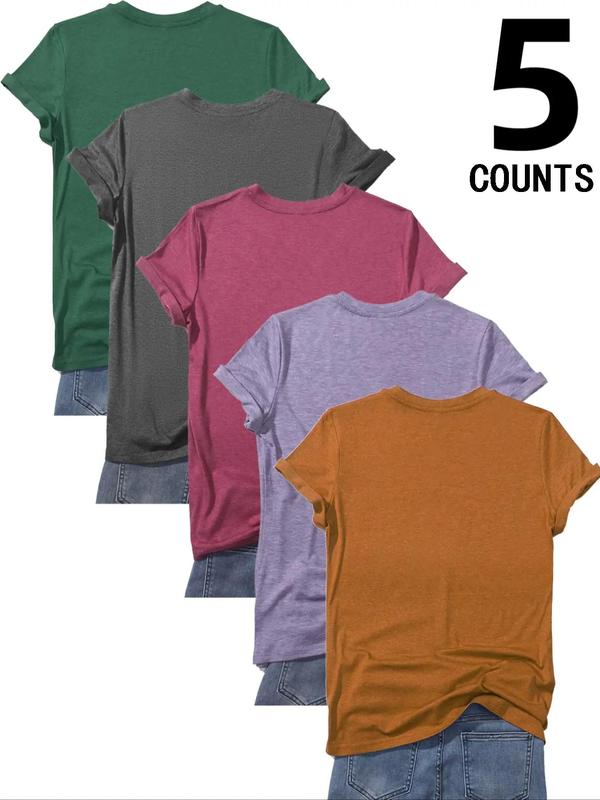 Women's Solid Short Sleeve V Neck Tee, Summer Clothes, Casual Basic Minimalist Tshirt for Summer, Summer Outfits 2024 for Women, Back to School Outfits, Fashion Women's Tops for Daily Wear