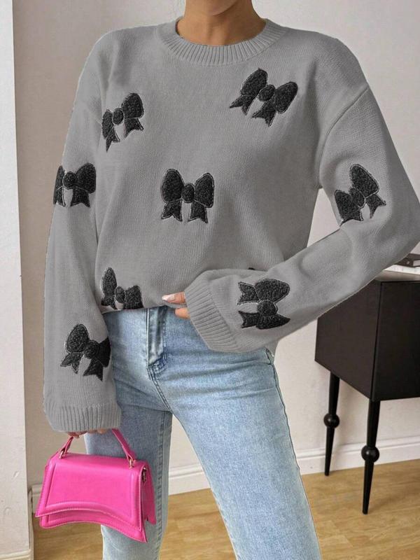 Women's Bow Patched Drop Shoulder Sweater, Casual Long Sleeve Round Neck Jumper for Fall & Winter, Fashion Ladies' Knitwear for Daily Wear