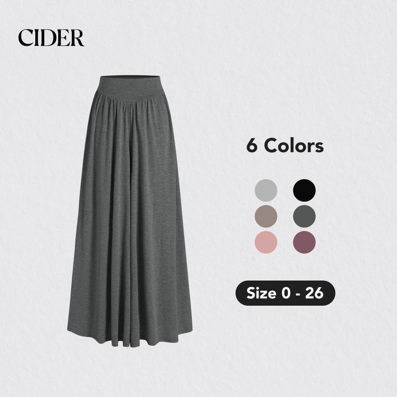 Cider [7 colors, Size 0-26] Solid Jersey High Waist Ruffle Wide Leg Trousers