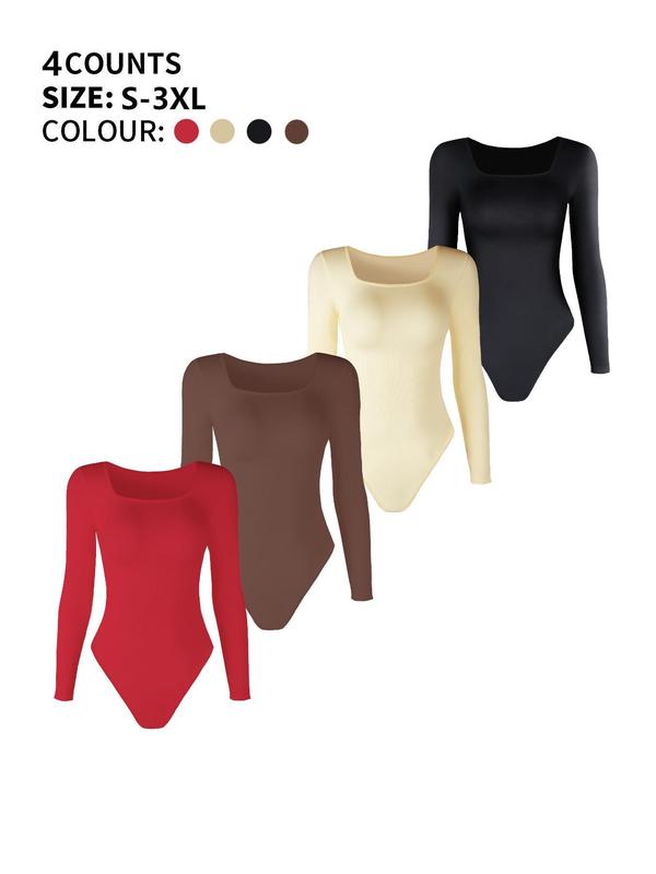 Women's Solid Square Neck Long Sleeve Seamless Shapewear Bodysuit, Button Closure Crotch Tummy Control Butt Lifting Shaper, Ladies Shapewear for All Seasons