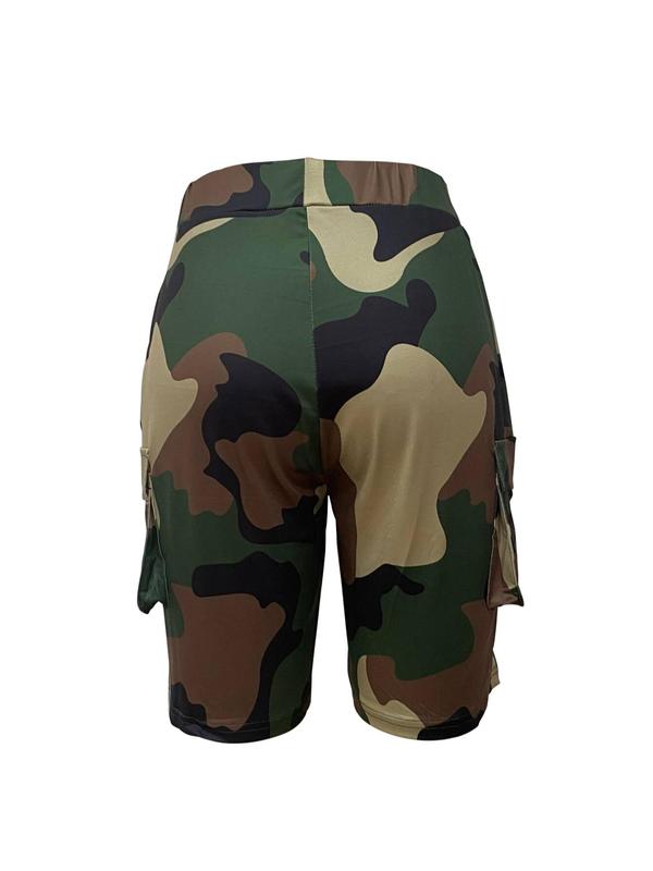 Women's Camo Print Flap Pocket High Waist Shorts, Fashion Casual Skinny Shorts for Daily Outdoor Wear, Womens Shorts, Ladies Bottoms for Summer