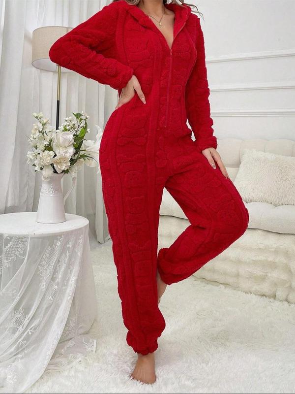 Women's Solid Zip Up Plush Hooded Jumpsuit, Casual Long Sleeve Jumpsuit for Fall & Winter, Christmas Pajamas, Women's Sleepwear for Indoor Wear Onesies Pajama