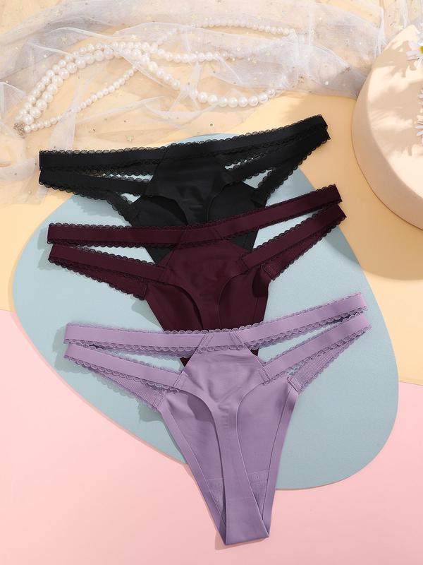 Women's 3pcs Plain Lace Trim Cut Out Thongs, Soft Comfy Breathable Knickers For Daily Wear, Women's Underwear For All Seasons