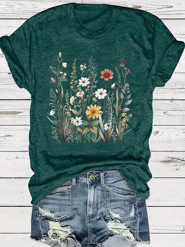 Women's Floral Print Round Neck Tee, Vintage Trendy Casual Fitted Short Sleeve T-shirt for Daily Wear Back To School, Graphic Tees, T Shirts for Women, Ladies Fall Outfit