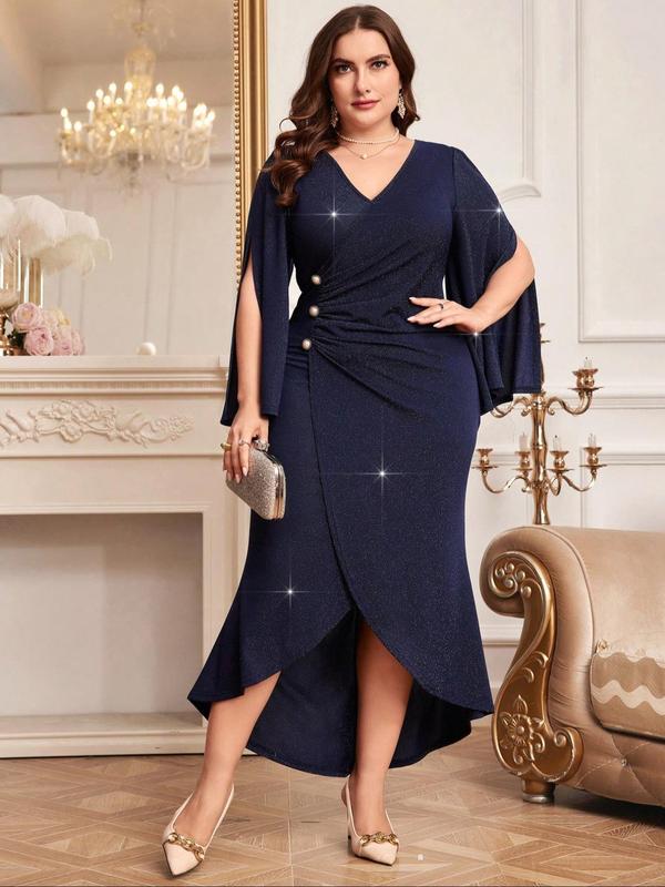 Plus Size Glitter Ruched Wrap High Low Hem Mermaid Dress, Elegant Button Decor Split Sleeve V Neck Dress for Party Cocktail, Women Plus Clothing for Summer