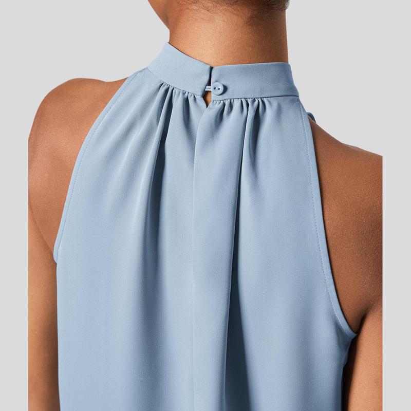 Halara Keyhole Back Halter Plicated Sleeveless Curved Hem Work Blouse