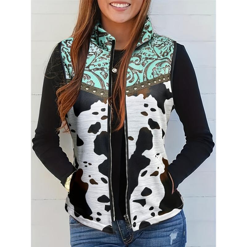 Fashionable Cow Print Zip Up Vest - Stylish Stand Collar, Sleeveless Outerwear with Convenient Pockets - Womens Casual Everyday Wear