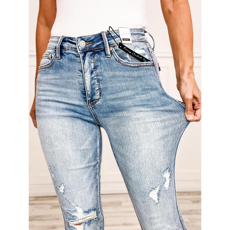 Judy Blue REBEL Mid-Rise Tummy Control Distressed Flare Jeans