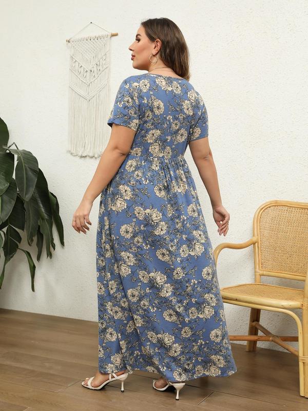  Floral Print Short Sleeve A-line Dress with Pockets, Dresses for Women, Summer Clothes Women, Boho Vintage Summer Maxi Tee Dresses for Holiday, Women's Clothes