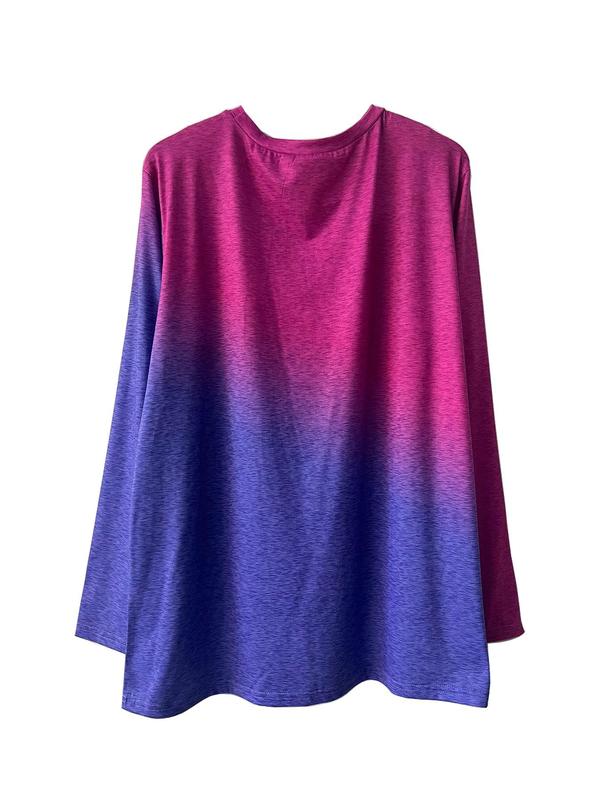  Ombre Heart Print Drop Shoulder Tee, Casual Long Sleeve Round Neck T-shirt for Fall & Winter, Women's Clothing for Daily Wear