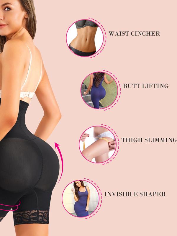 Women's Solid Contrast Lace Zipper High Waist Shapewear Shorts, High Stretch Tummy Control Butt Lift Shaper, Ladies Shapewear for All Seasons