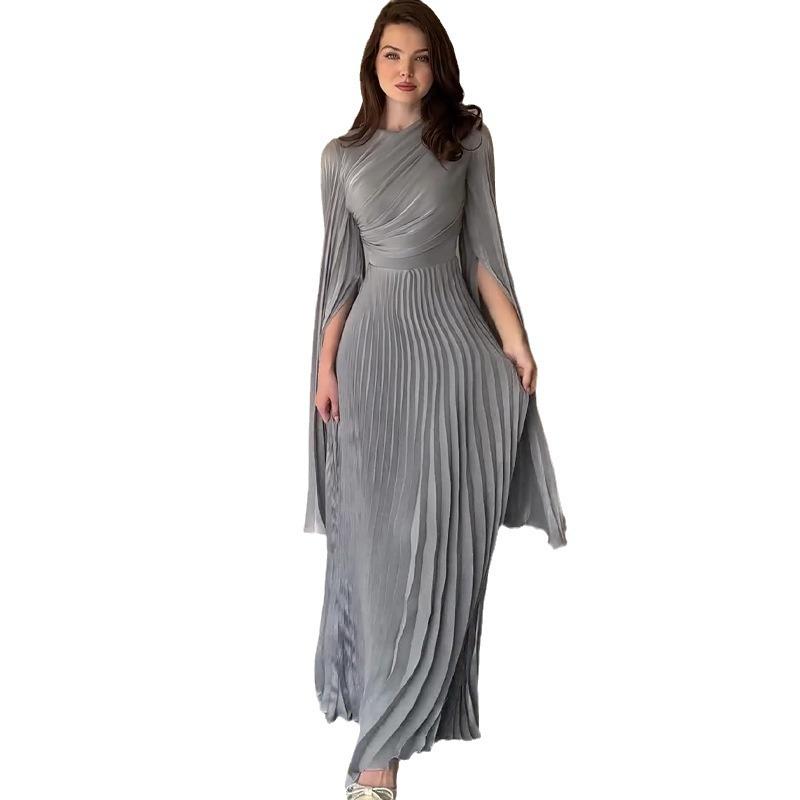 2024 Autumn New Europe and America Cross Border Cross-Border Solid Color Waist Fairy Style Elegant Long Evening Dress for Women Formal Womenswear