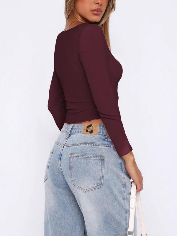 Women's Plain Twist Sweetheart Neck Crop Tee, Casual Long Sleeve T-shirt for Fall & Winter, Women's Clothing for Daily Wear