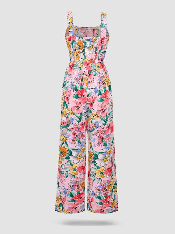 Women's Floral Print Shirred Wide Leg Jumpsuit, Boho Fashion Square Neck Sleeveless Jumpsuit for Daily Holiday Vacation Wear, Ladies Clothes for Summer