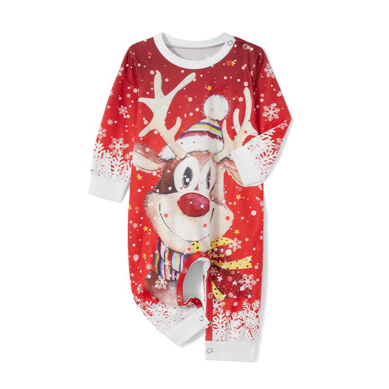 Red Matching Christmas Pajamas For Family, Deer Pattern Long Sleeve Tops and Pants Sleepwear Set