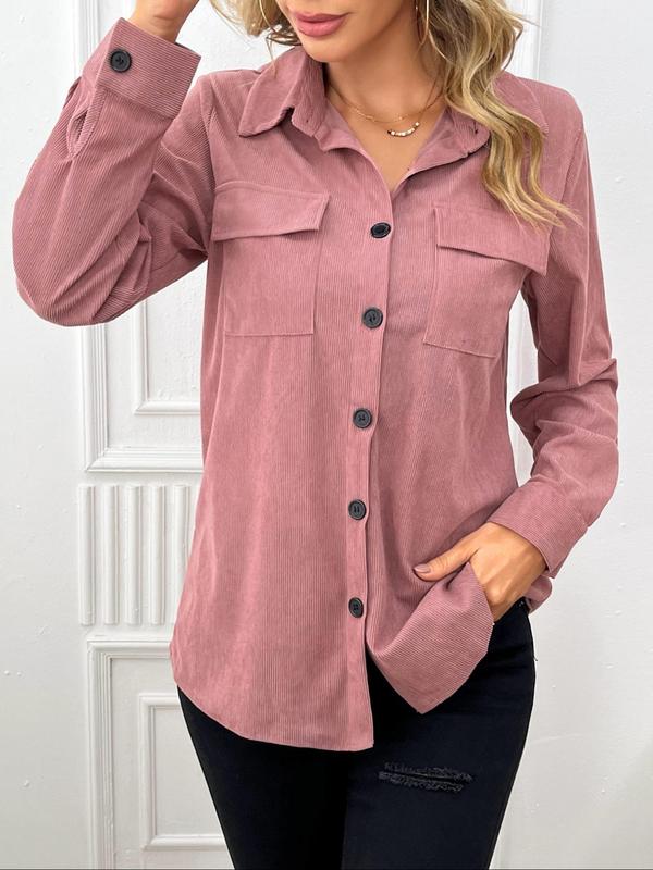 Women's Plain Button Front Pocket Corduroy Blouse, Mean Girls Shirt Casual Long Sleeve Collared Top for Fall, Going Out Tops, Shirts for Women, Lady Clothing for Daily Wear